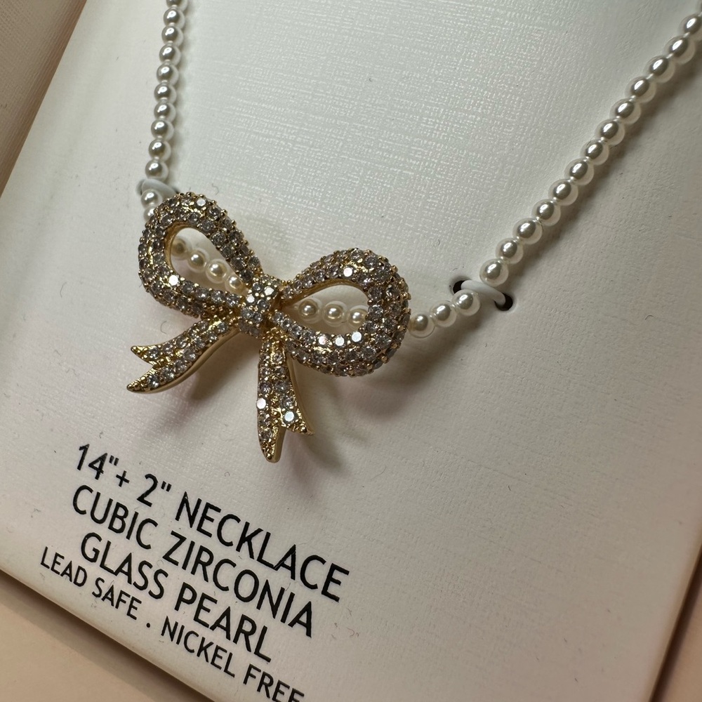 Camila Coelho Silver Cubic Zirconia Bow Necklace on strand of small faux pearls - Picture 2 of 10
